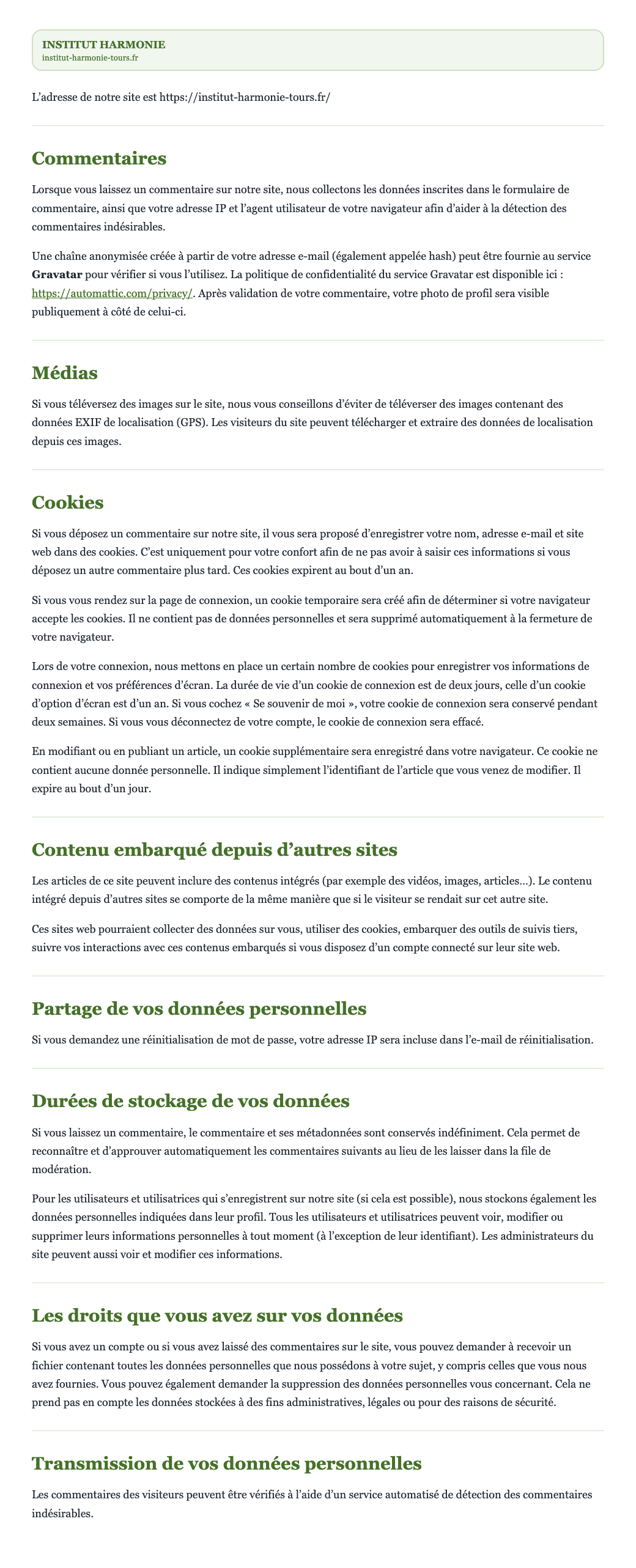 Politique de confidentialité — INSTITUT HARMONIE