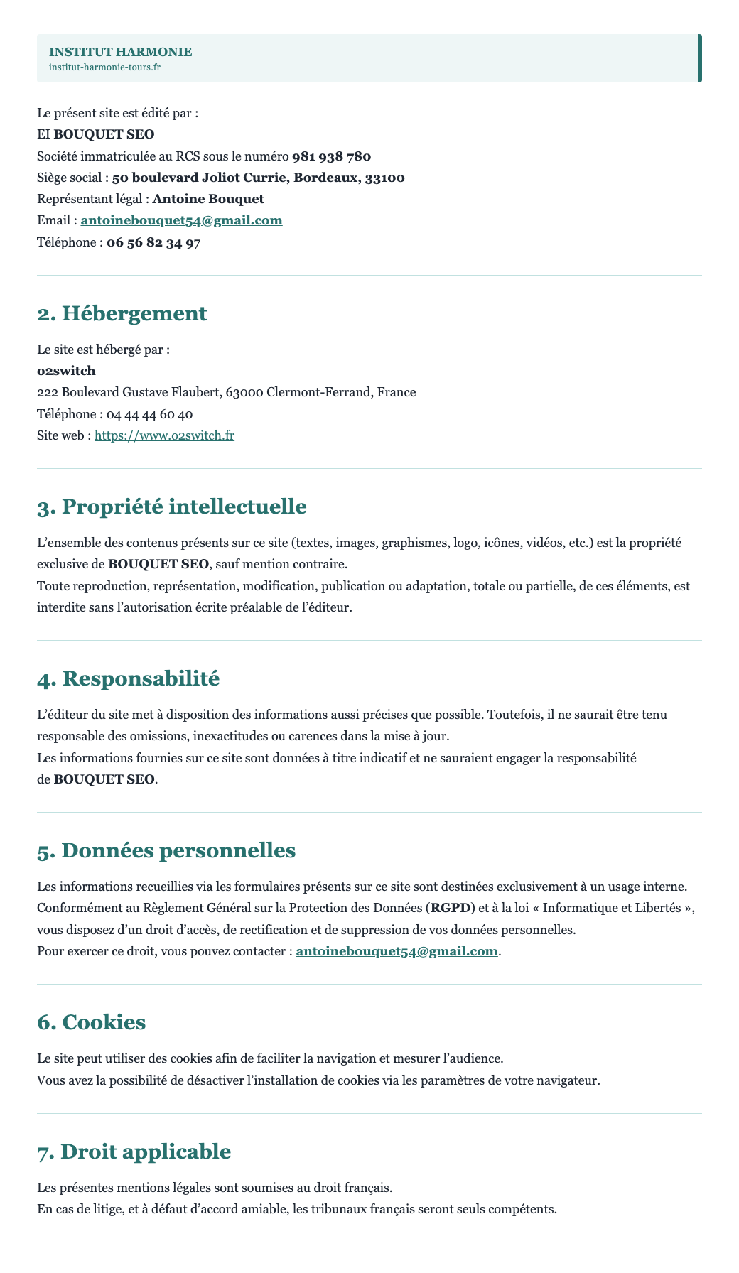 Mentions légales — INSTITUT HARMONIE