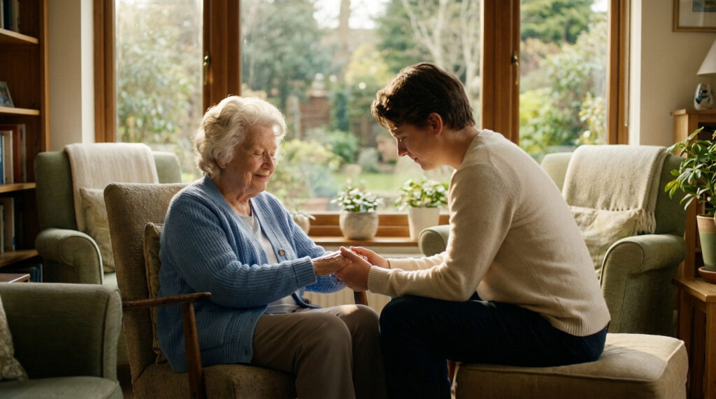 An elderly woman and younger adult gently hold hands in a warm, sunlit living room, conveying peace and connection.