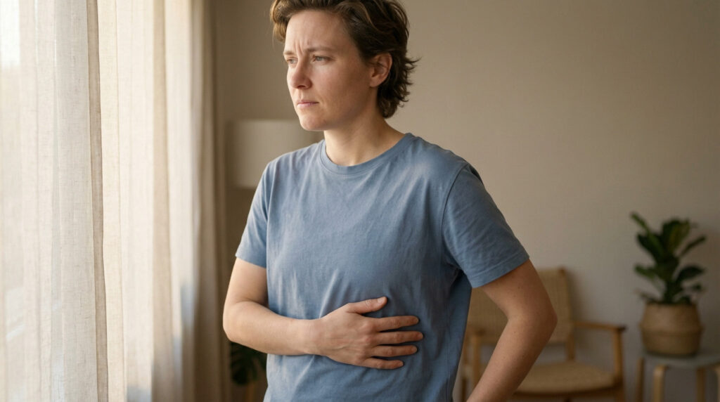 Gender-neutral figure in a blue t-shirt, hand on lower ribs, looking pensive by a window. Subtle discomfort in a warm, blurred indoor setting.