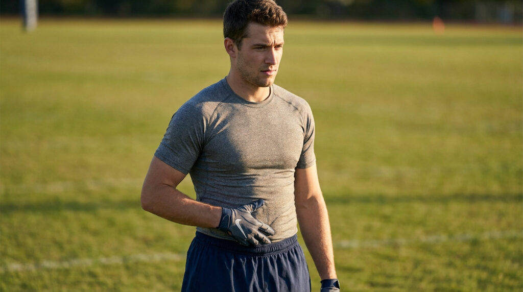 A male athlete in grey shirt and blue shorts stands on a sunlit green field, hand on abdomen, with a thoughtful, concerned expression.