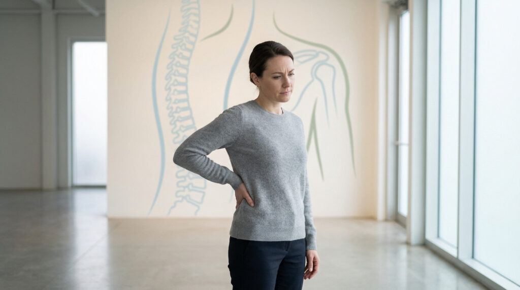A woman in her late 30s touches her lower back, showing discomfort, against a wall with subtle spine and joint diagrams.