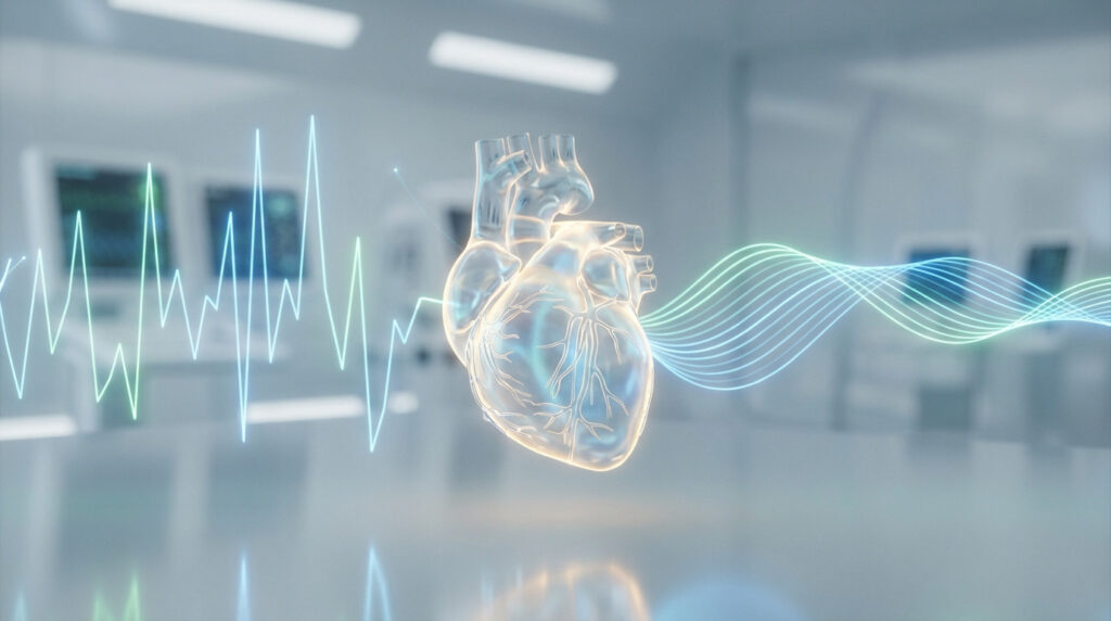 A glowing, translucent human heart surrounded by dynamic lines; chaotic on the left, transitioning to calm waves on the right, in a medical setting.
