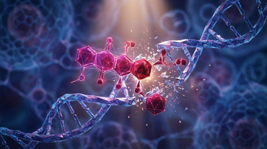 A glowing magenta doxorubicin molecule shatters a blue DNA helix, set against a blurred background of cellular structures, illustrating targeted cancer treatment.