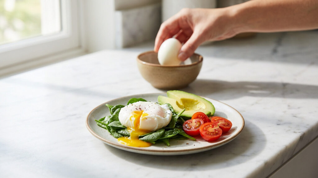 A healthy breakfast plate with a poached egg, spinach, avocado, and tomatoes on a marble counter. A hand places a hard-boiled egg in a bowl.