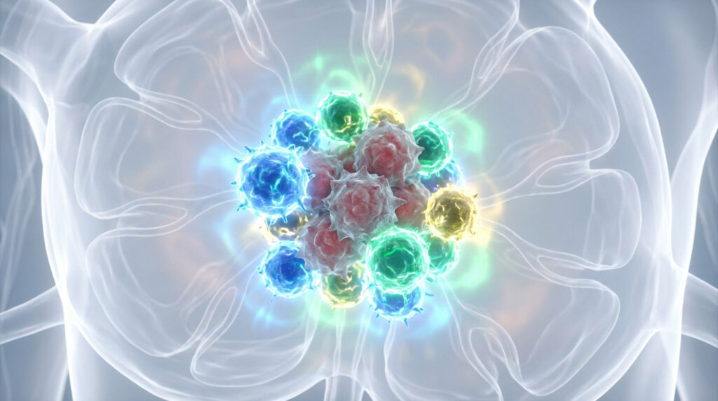 Photorealistic image of vibrant blue, green, yellow immune cells attacking muted red/grey cancer cells within translucent internal anatomy.