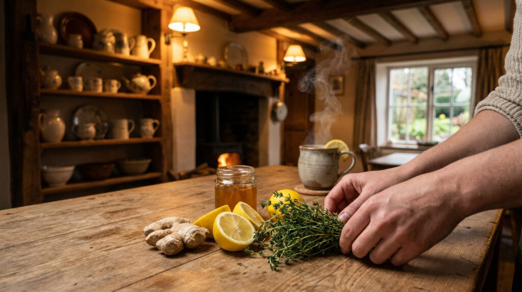 Hands arrange thyme, lemons, ginger, and honey on a rustic table in a warm, cozy kitchen with steaming tea in the background.