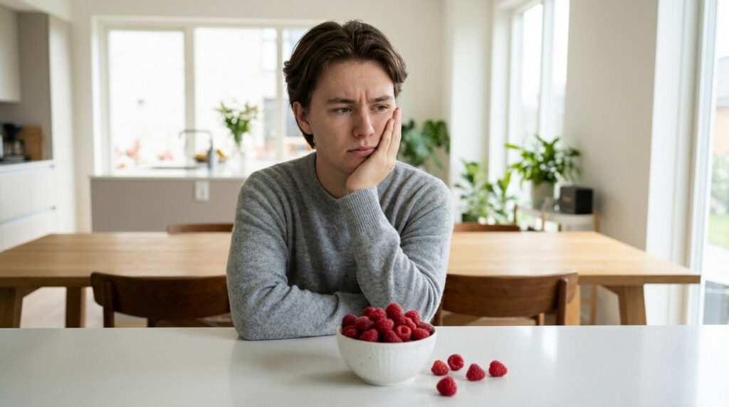 Young man with concerned expression, hand on cheek, suggesting oral discomfort, sits at a table with raspberries in a bright kitchen.