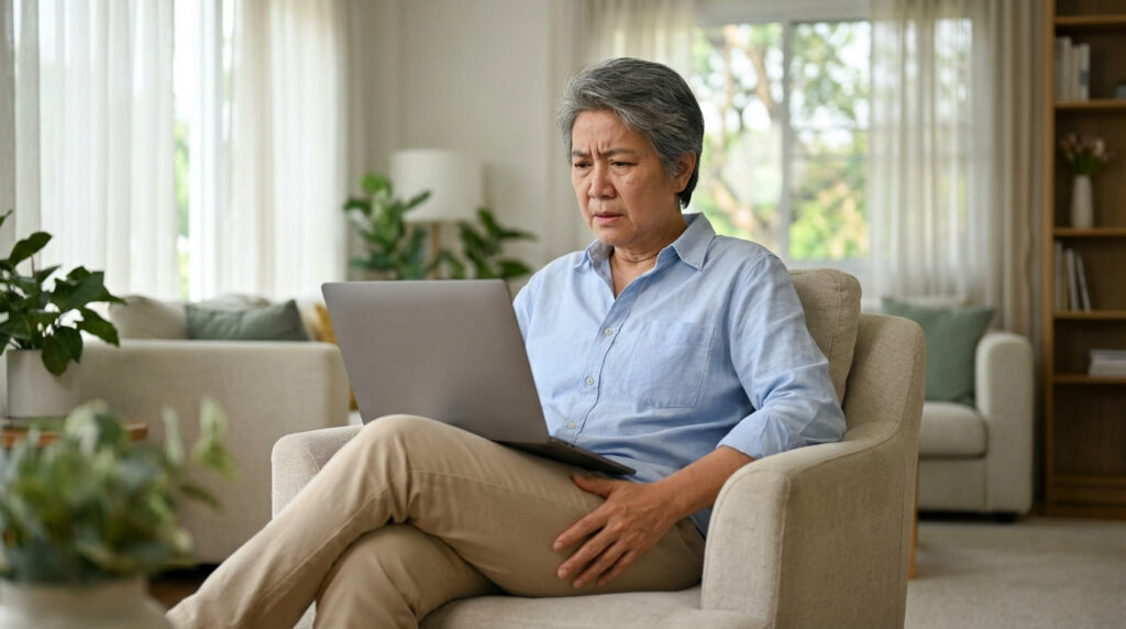 Elderly woman with grey hair, light blue shirt, beige trousers, looking pensive at laptop, hand on knee, in a modern living room.