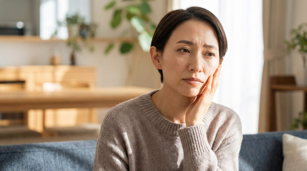 A woman with short hair, a thoughtful and concerned expression, gently touches her cheek. Soft light, blurred modern background.