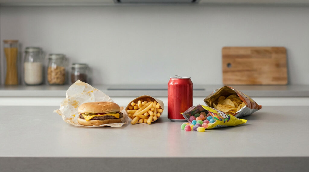 A cheeseburger, fries, red soda can, colorful candies, and potato chips arranged on a light grey kitchen counter, conveying unhealthy choices.