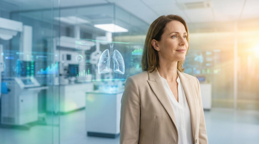 Woman in a modern medical lab, looking hopefully at holographic lung and data, bright light. Represents medical progress.