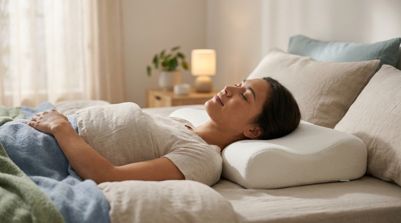 Uma mulher dorme serenamente de costas numa cama, apoiada numa almofada ergonómica branca que alinha o pescoço.