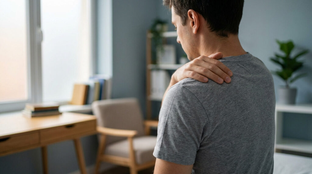 Man from back-right, left hand on right shoulder/neck, grey t-shirt, in a softly lit, modern room, shallow depth of field.