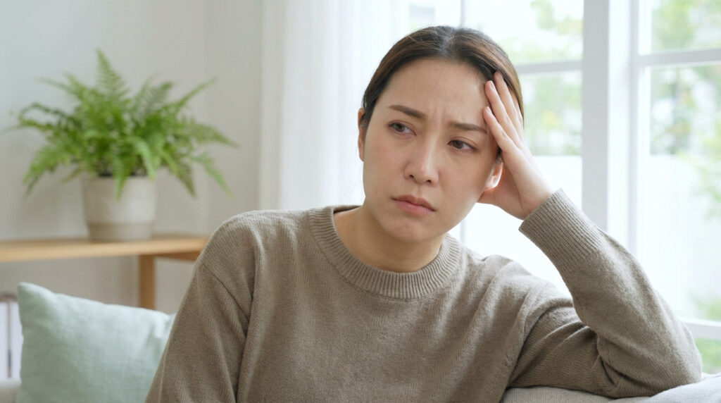 Medium close-up of a thoughtful woman with a hand on her temple, appearing fatigued in a soft, naturally lit indoor setting.