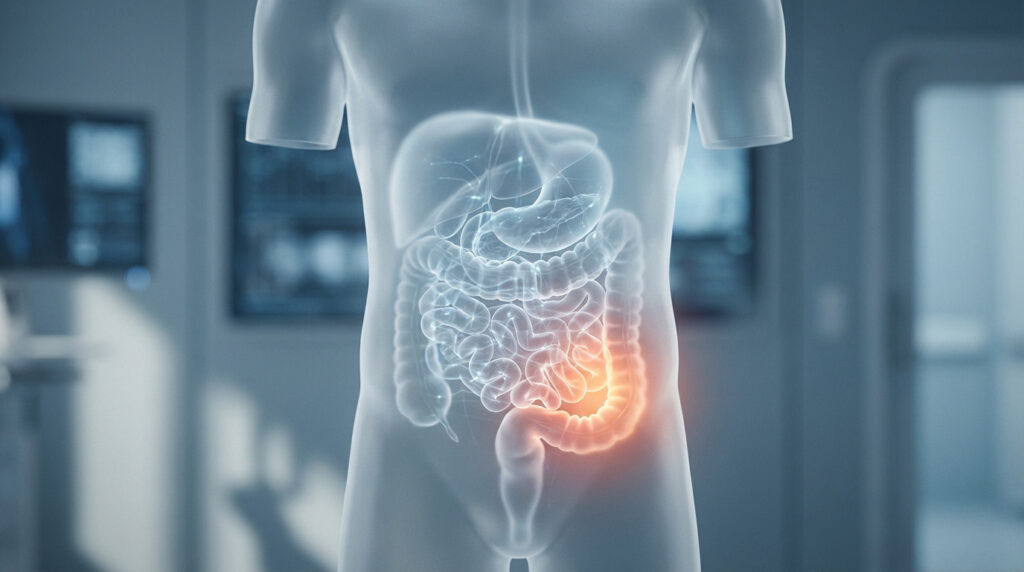 Translucent human torso showing internal organs. An amber-red glow indicates inflammation in the lower abdomen, against a blurred medical background.