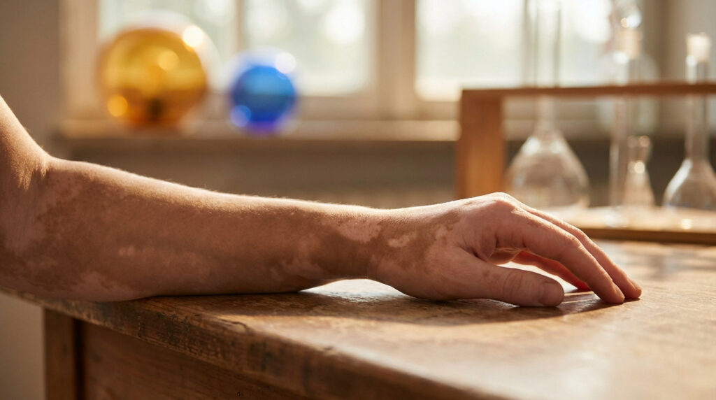 Close-up of a forearm and hand with vitiligo resting on a table. Subtle repigmentation hints at healing. Blurred lab background.