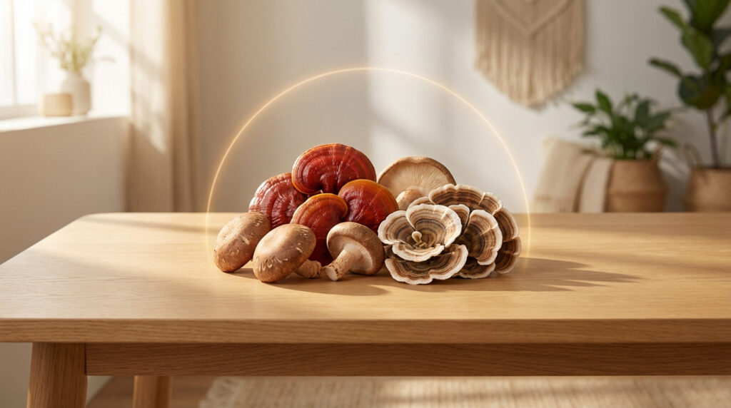 Assorted medicinal mushrooms (Reishi, Shiitake, Turkey Tail) on a light wood table, bathed in soft light with a gentle glow.