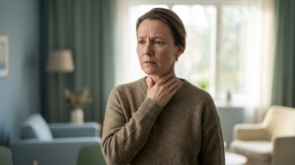 A woman in her 40s-50s gently touches her neck, her concerned expression reflecting subtle discomfort in a softly lit, modern room.