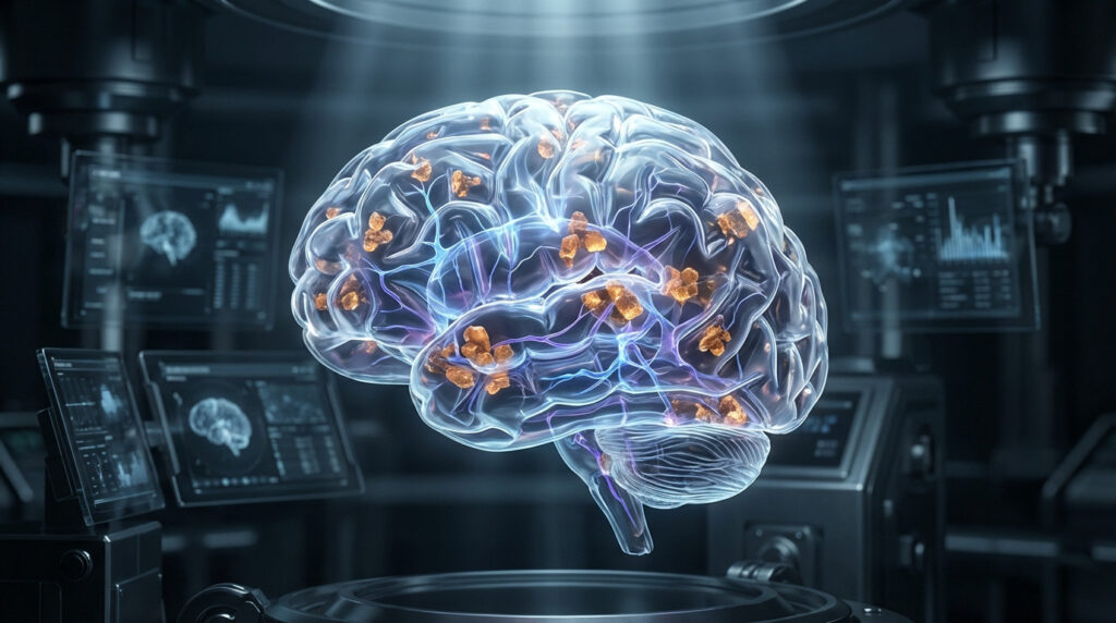 Photorealistic translucent brain with glowing neural networks & amber amyloid plaques, set in a modern lab for scientific discovery.