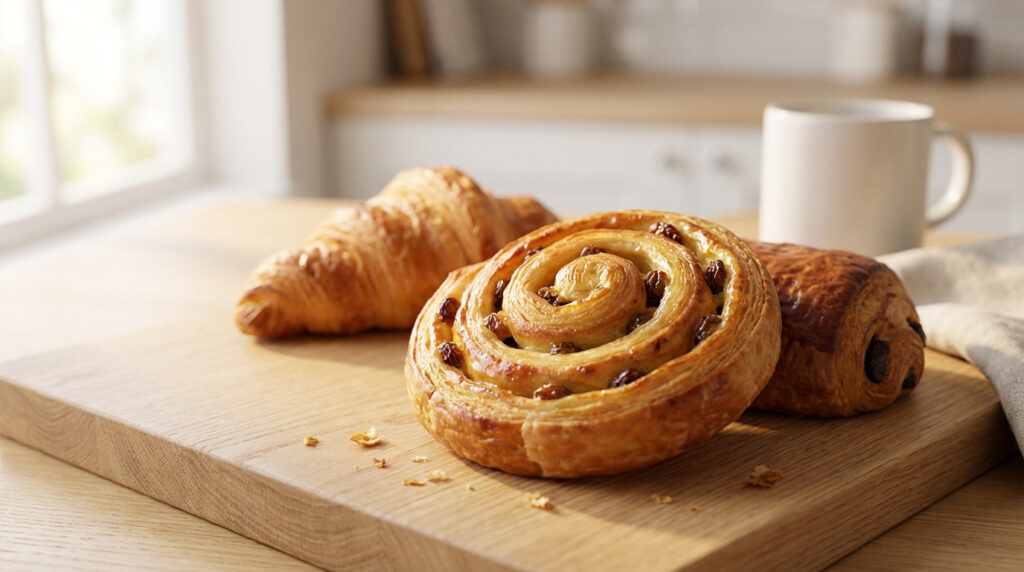 Golden pain aux raisins in focus on a wooden board, flanked by a croissant and pain au chocolat, with a blurred kitchen background.