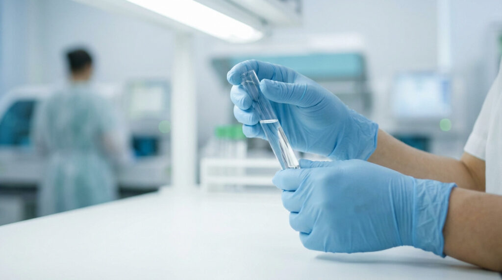 Close-up of light-blue gloved hands holding a test tube with clear liquid in a medical lab. Blurred background shows equipment and a person.