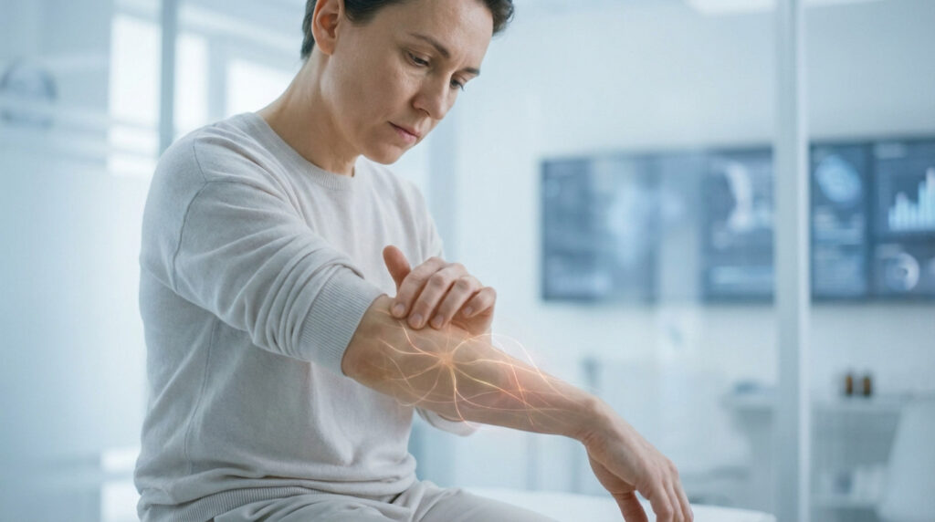 Adult figure in bright clinical setting, touching forearm with glowing neural pathways, showing localized discomfort and contemplation.