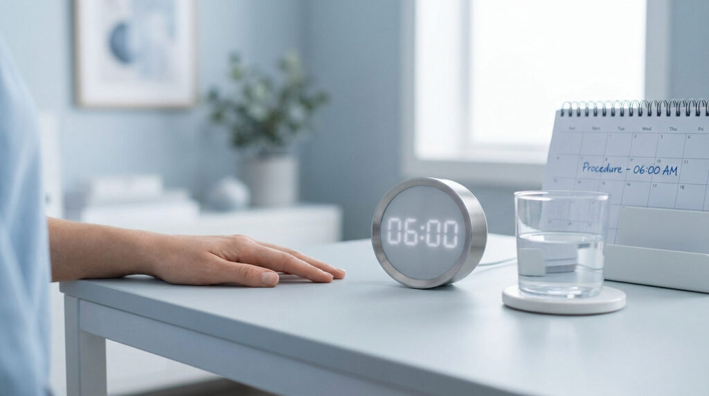 Hand on desk with digital clock showing "06:00", half-filled water glass, and calendar marking "Procedure - 06:00 AM".