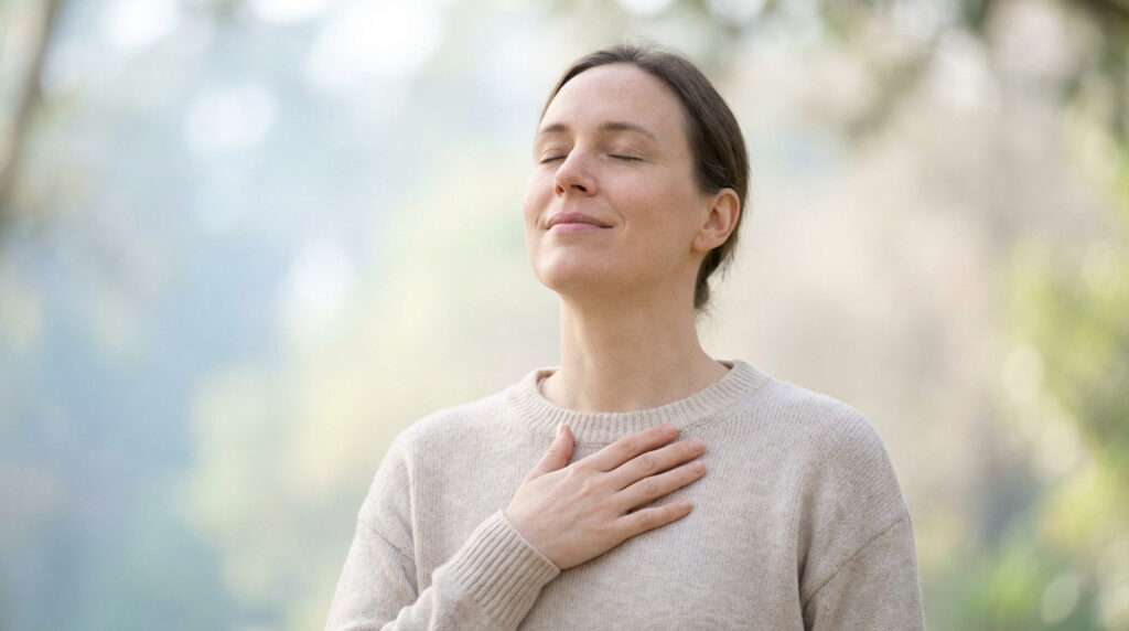 Femme souriante aux yeux clos, main sur la poitrine, respirant calmement en pleine nature. Image de soulagement et paix.