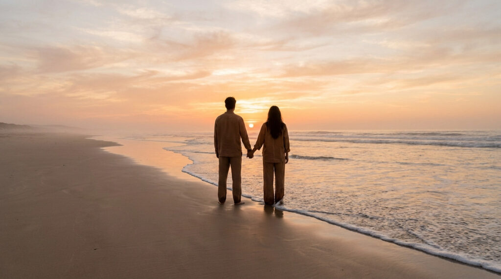 A couple stands hand-in-hand on a wide, sandy beach, facing a golden sunset over calm ocean waves under a soft, colorful sky.