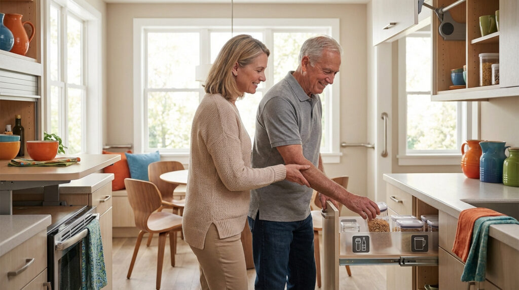 Couple senior souriant dans une cuisine moderne et accessible. La femme assiste l'homme prenant des aliments d'un tiroir coulissant.