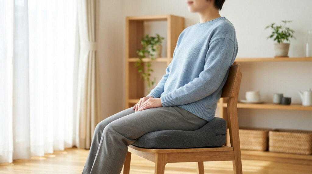 Personne assise de côté sur une chaise avec un coussin ergonomique gris. Indique le soulagement de la douleur au coccyx.