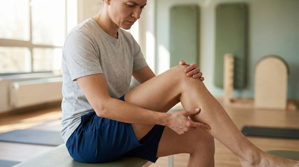 Une femme assise en tenue de sport, le visage contracté, se tient le mollet douloureux.