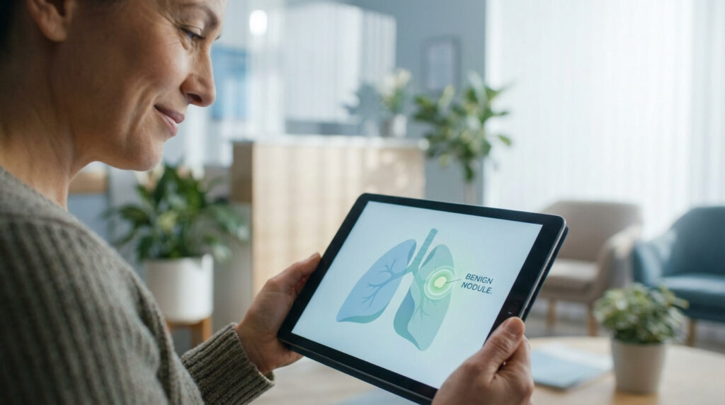 Femme souriante tenant une tablette affichant une illustration des poumons avec un nodule bénin mis en évidence.
