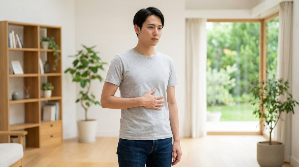 Un jeune homme asiatique en t-shirt gris tient son estomac, l'air préoccupé par une douleur abdominale dans un salon lumineux.