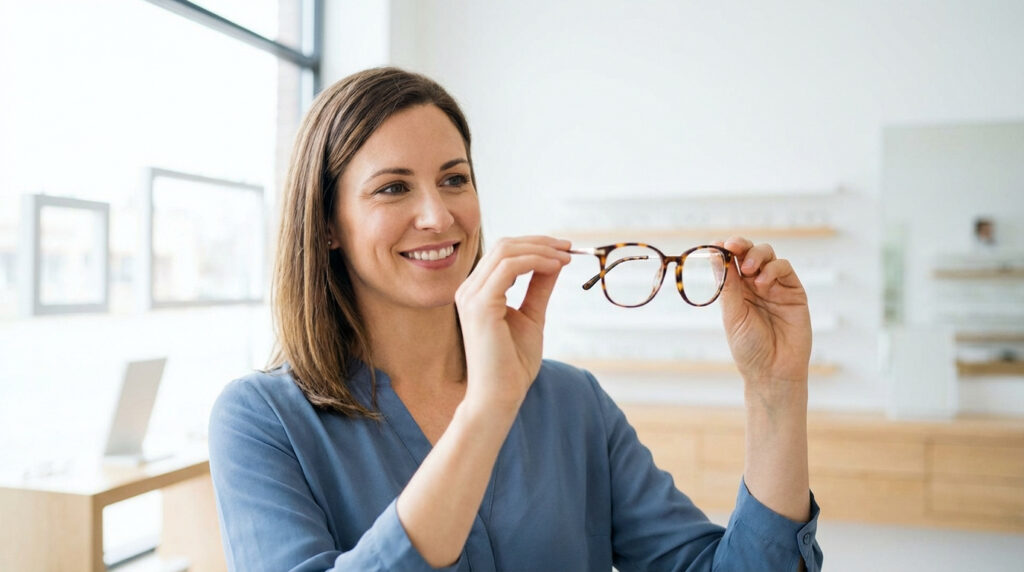 Femme souriante en chemise bleue tenant une paire de lunettes marron. Elle est dans un magasin d'optique lumineux.