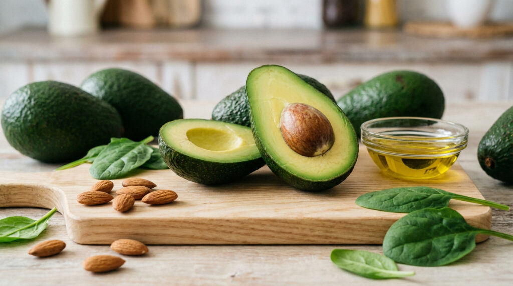 Avocats coupés et entiers, amandes, épinards et huile sur planche en bois. Ingrédients clés d'une alimentation saine et cétogène.