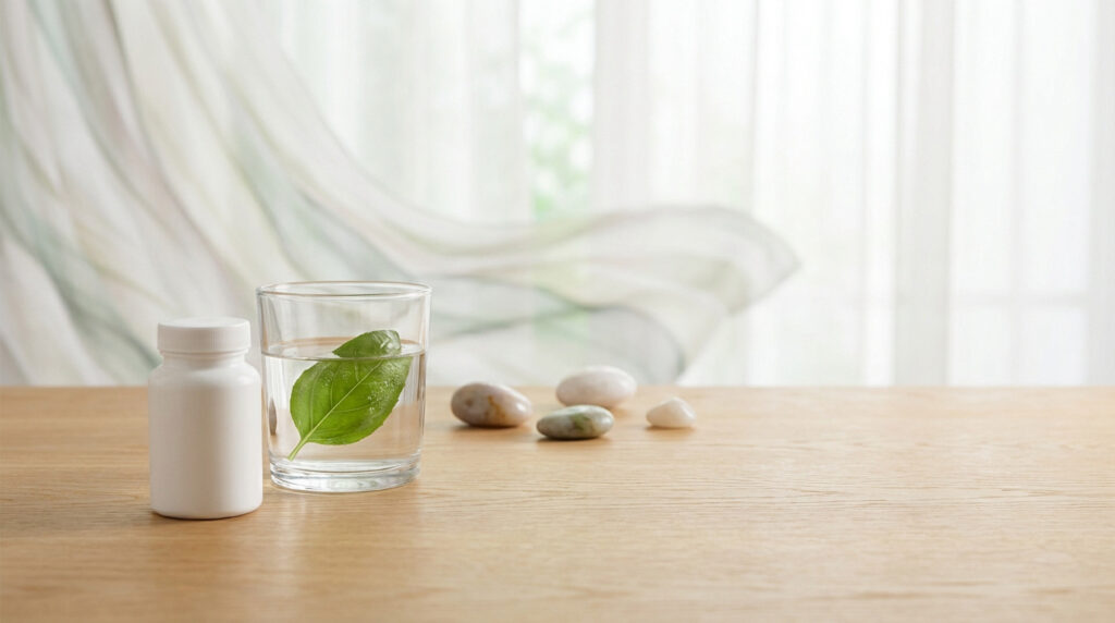 Bouteille de supplément, verre d'eau avec feuille verte, galets sur une table en bois clair devant des rideaux lumineux.