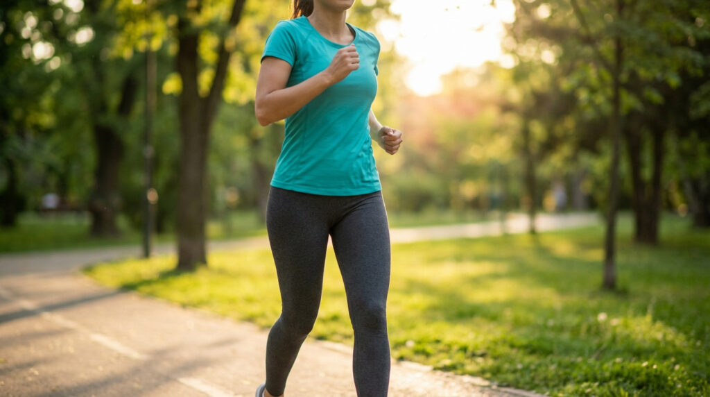 Femme en t-shirt turquoise et legging gris courant sur un sentier ensoleillé dans un parc arboré. Vue du torse et des jambes.