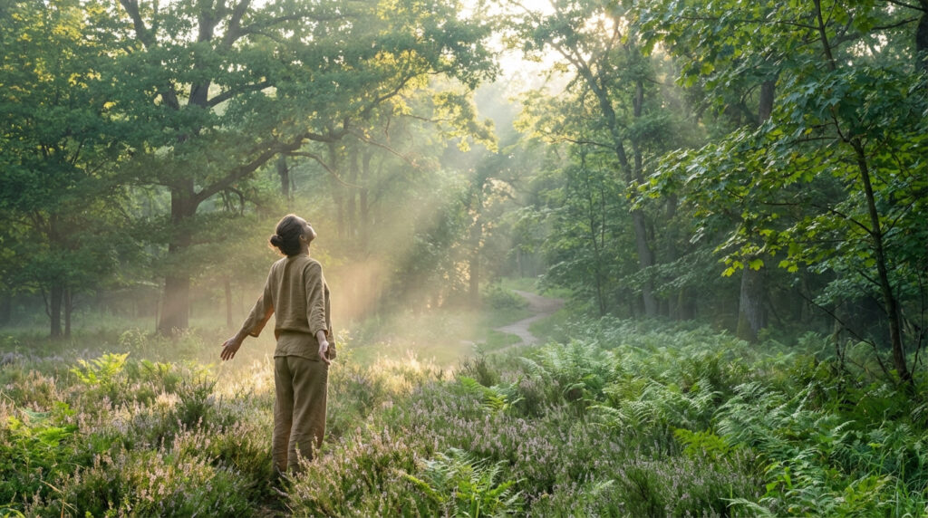 Femme dans une forêt luxuriante et brumeuse, les bras ouverts, inspirant la lumière et l'air pur. Scène de bien-être et purification.