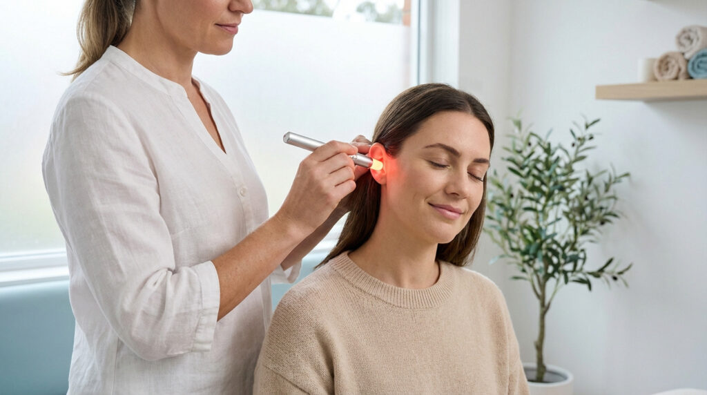 Praticienne effectuant une séance de luxopuncture sur l'oreille d'une femme souriante, avec un appareil émettant de la lumière.