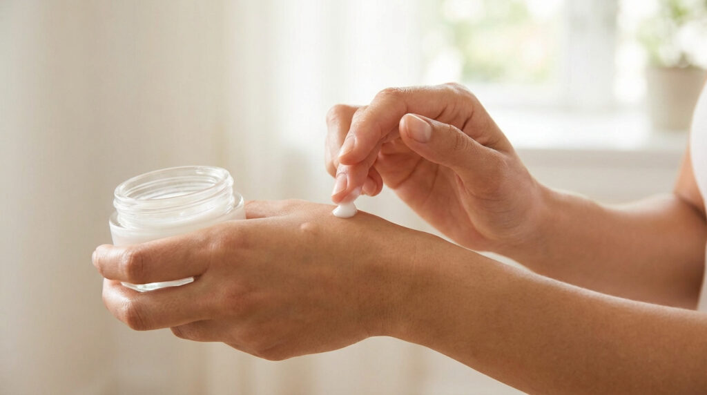 Une personne applique une noisette de pommade blanche sur le dos de sa main, tenant le pot de crème. Soin cutané.