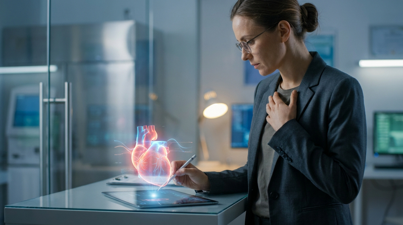 Une professionnelle de la santé examine un modèle cardiaque holographique avec un stylet, une main sur la poitrine, dans un labo.