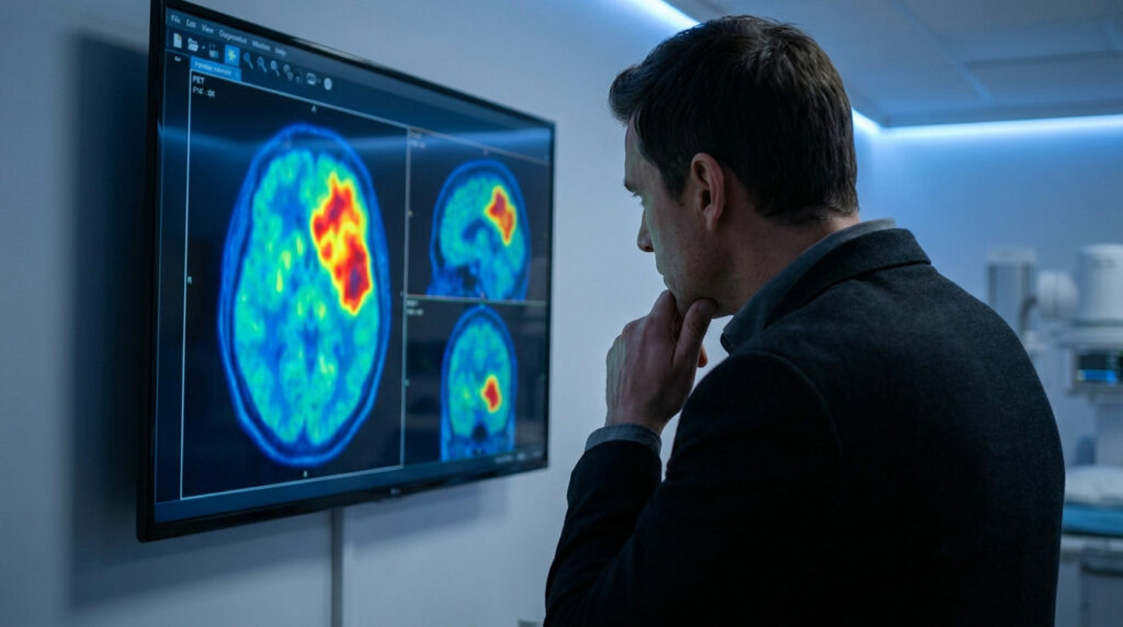 Homme examinant un écran affichant des images PET du cerveau avec une large zone hypermétabolique rouge-orange. Ambiance médicale bleue.