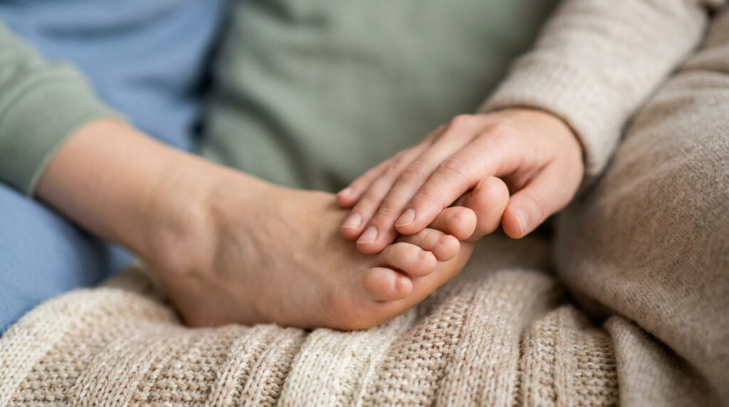 Gros plan sur une main posée délicatement sur le pied nu d'une personne, sur une couverture tricotée. Évoque le réconfort et le soin.