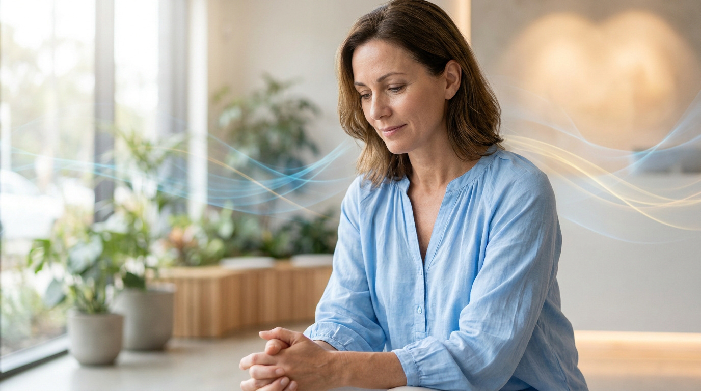 Femme d'âge mûr, vêtue de bleu, regarde pensivement ses mains. Des lignes abstraites suggèrent réflexion ou information. Arrière-plan flou avec des plantes.