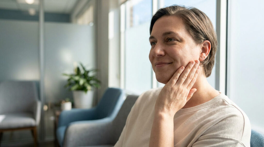 Femme aux cheveux courts, la main sur la joue, souriant dans une salle d'attente moderne de clinique dentaire.