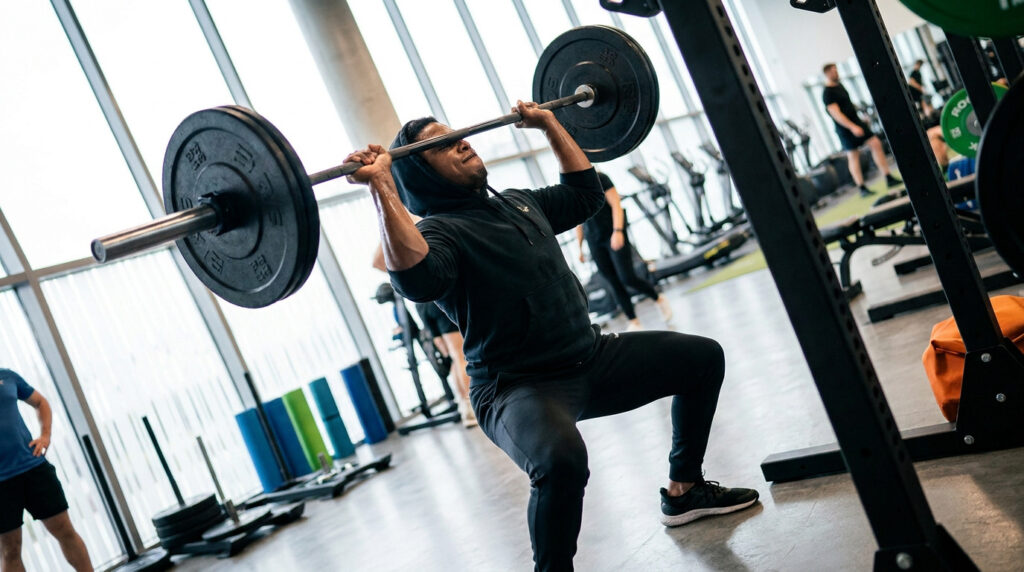 Homme musclé en survêtement noir soulevant une barre d'haltères lourde dans une salle de sport lumineuse et moderne.