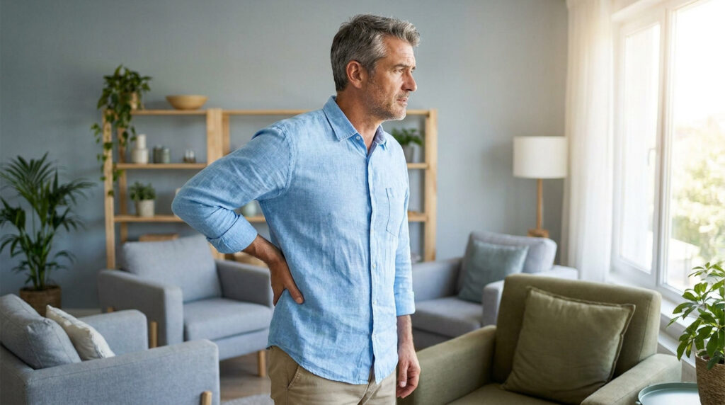 Un homme d'âge mûr tient le bas de son dos avec un air préoccupé, potentiellement un symptôme du cancer de la prostate.