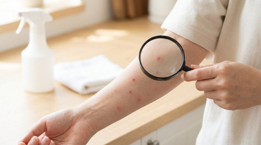 Gros plan d'un bras avec des piqûres rouges, examiné à la loupe. Un spray et une serviette sont en arrière-plan.